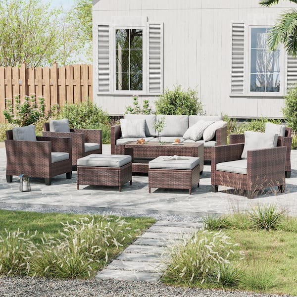 8-Piece Brown Wicker Patio Sofa Set Outdoor Furniture Set with Ottomans and Coffee Table, Linen Grey