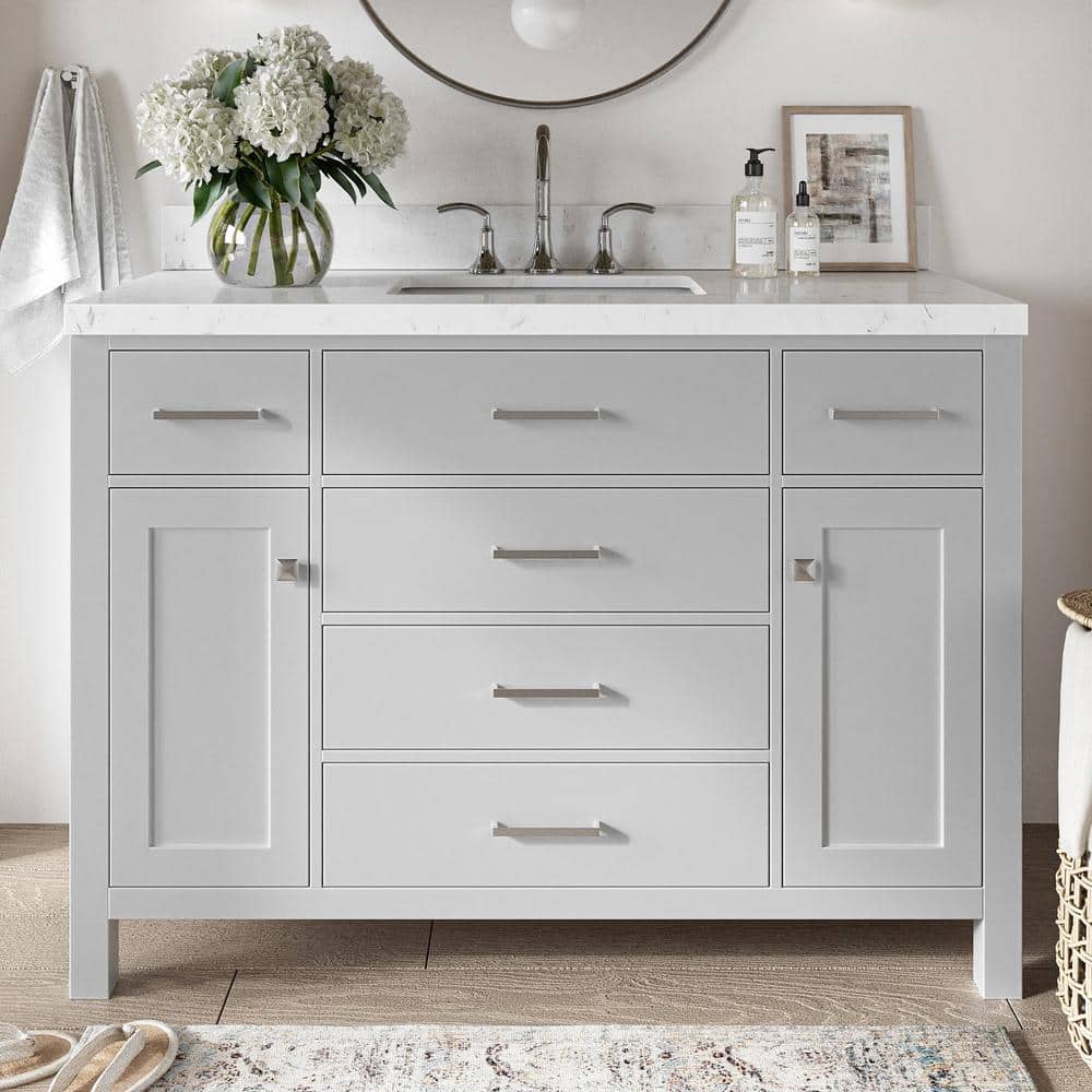 Gray Freestanding Single Sink Vanity with Carrara Quartz Top