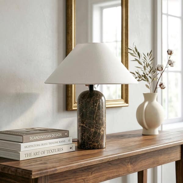 Sansa 13.19 in LED Glossy Brown Marble Midcentury Gradient Dimming Nightstand Desk Lamp with Ivory Cotton Empire Shade