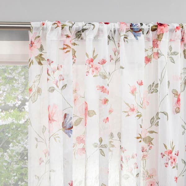 Jocelyn Floral Print Crushed Voile Coral Polyester 51 in. W x 63 in. L Rod Pocket Sheer Curtain (Single Panel)