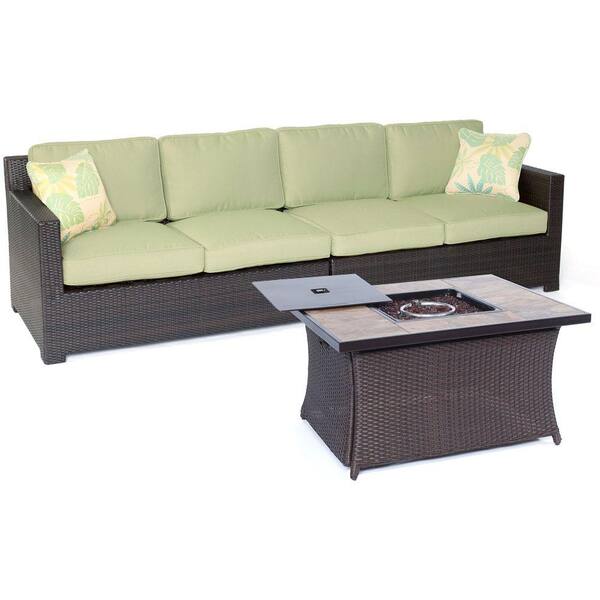 Hanover Metropolitan 3-Piece All-Weather Wicker Patio Fire Pit Loveseat Set with Avocado Green Cushions