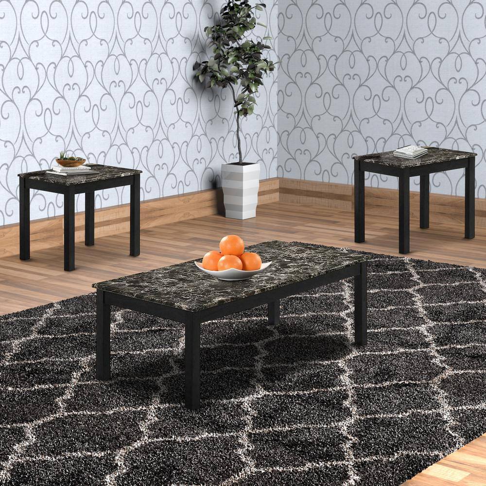 Transitional 3-Piece Faux Marble Coffee and End Table Set - Black