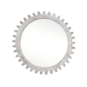 Vintage 17 in. W x 17 in. H Wood Framed Hanging Gear Shape White Round Wall Mirror, Bathroom Decorative Wall Mirror