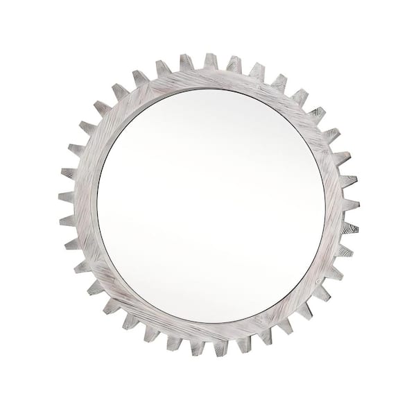 Vintage 17 in. W x 17 in. H Wood Framed Hanging Gear Shape White Round Wall Mirror, Bathroom Decorative Wall Mirror