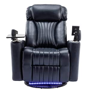 Blue PU Faux Leather Power Swivel Recliner Chair with Hidden Arm Storage LED Lighting Tray Table Cup Holders USB Port