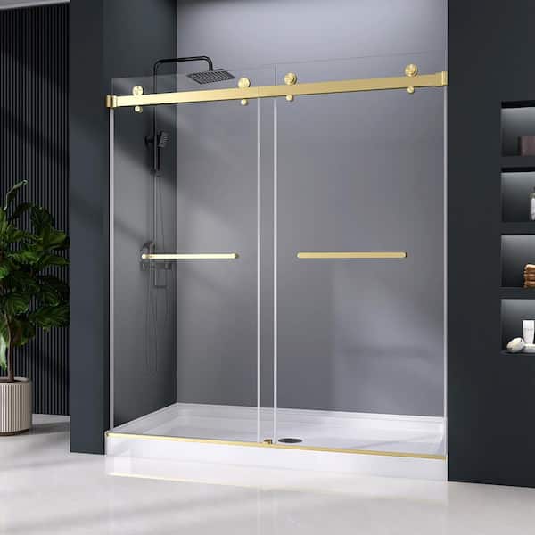 56 to 60 in. W x 76 in. H Frameless Double Sliding Shower Door in Brushed Gold Stainless Steel with 5/16 Clear Glass