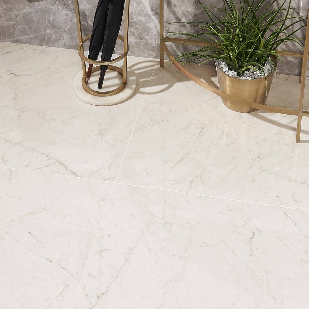 Saroshi 24" x 24" Polished White Marble Look Porcelain Tile