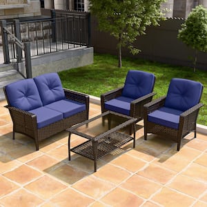 4-Piece Brown Patio Outdoor Furniture Wicker Conversation Set with Blue Cushions, 1-Loveseat, 2-Chairs and Coffee Table