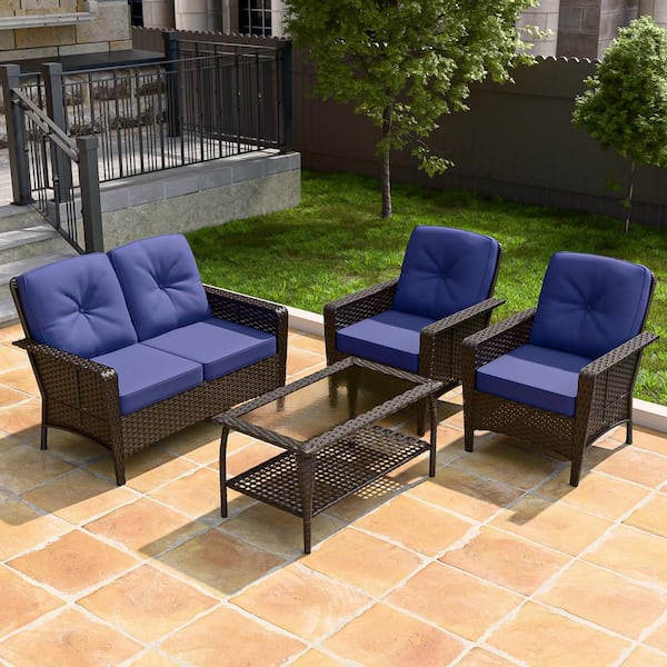 4-Piece Brown Patio Outdoor Furniture Wicker Conversation Set with Blue Cushions, 1-Loveseat, 2-Chairs and Coffee Table