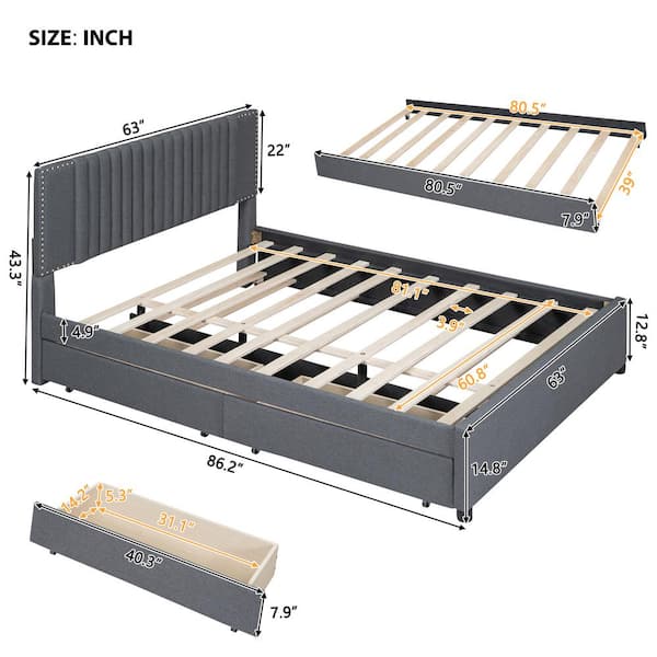 Queen Size Upholstered Bed with Trundle Storage Drawers Wood Platform Bed  Frames