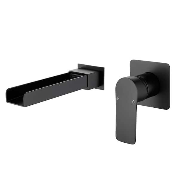 FORCLOVER Single Handle Waterfall Wall-Mount Roman Tub Faucet with Extra Long Spout in Matte Black