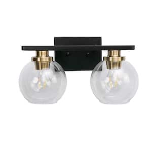 16 in. 2-Light Industrial Matte Black and Gold Bathroom Vanity Light, Open Globe Clear Glass Wall Sconce