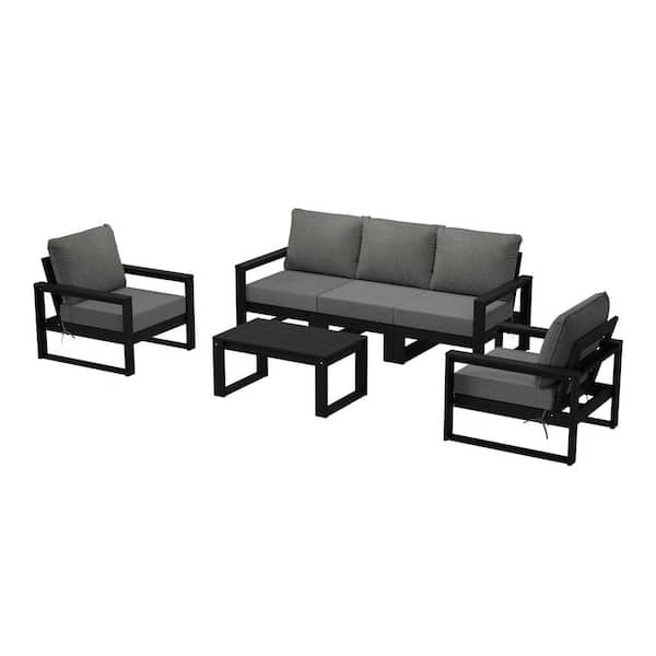 Endless Black Frame Gray Cushions 6-Piece HDPE Plastic Outdoor Patio Conversation Deep Seating Set