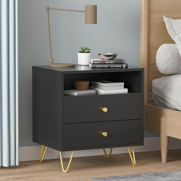 black bedside table with shelf