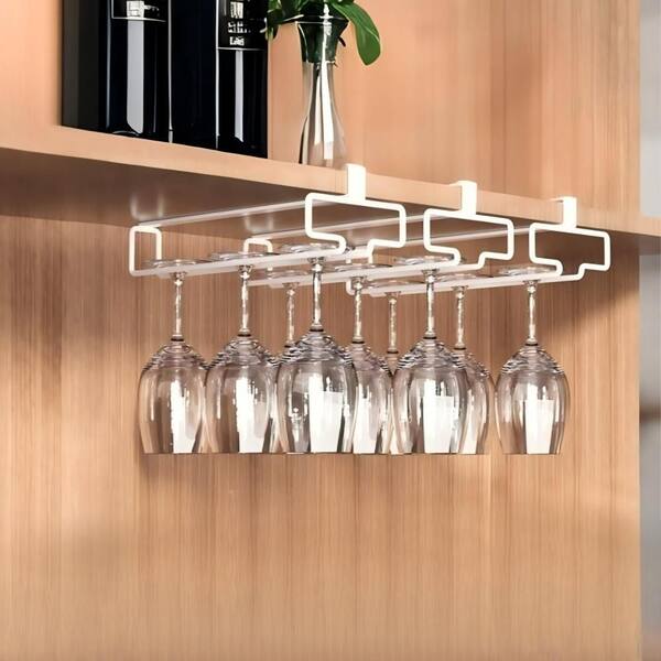 2 Pack White Under Cabinet Wine Glass Rack Stemware Rack Stemware Organizer, Drill-Free Rust Resistant Space Saving