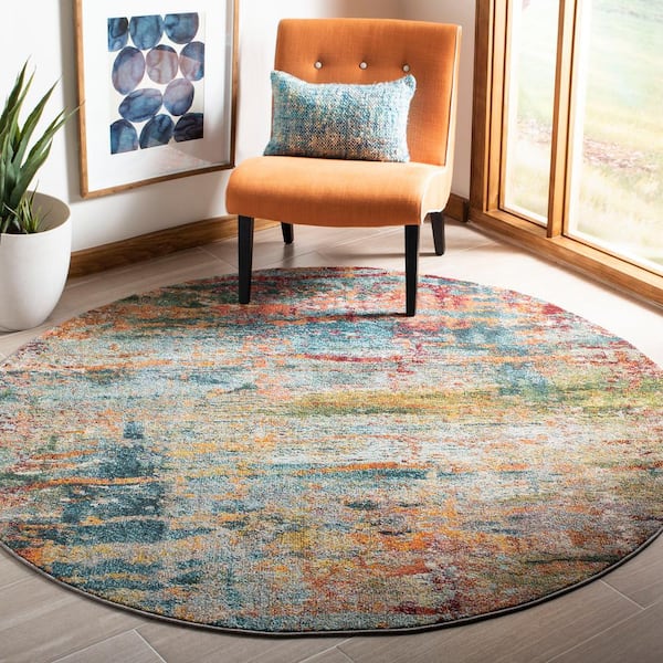 Monaco Teal/Orange 7 ft. x 7 ft. Round Abstract Area Rug