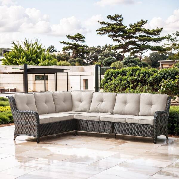 1-Piece Brown Wicker Patio Conversation Outdoor Couch, Sectional Sofa with Beige Cushions