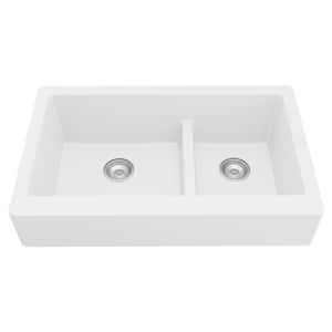 Retrofit Farmhouse/Apron-Front Quartz Composite 34 in. Double Offset Bowl Kitchen Sink in White
