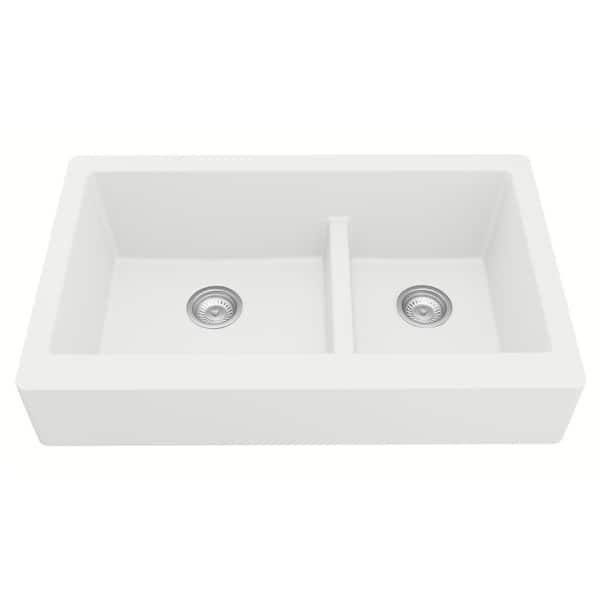 Retrofit Farmhouse/Apron-Front Quartz/Granite Composite 34 in. Double Offset Bowl Kitchen Sink in White