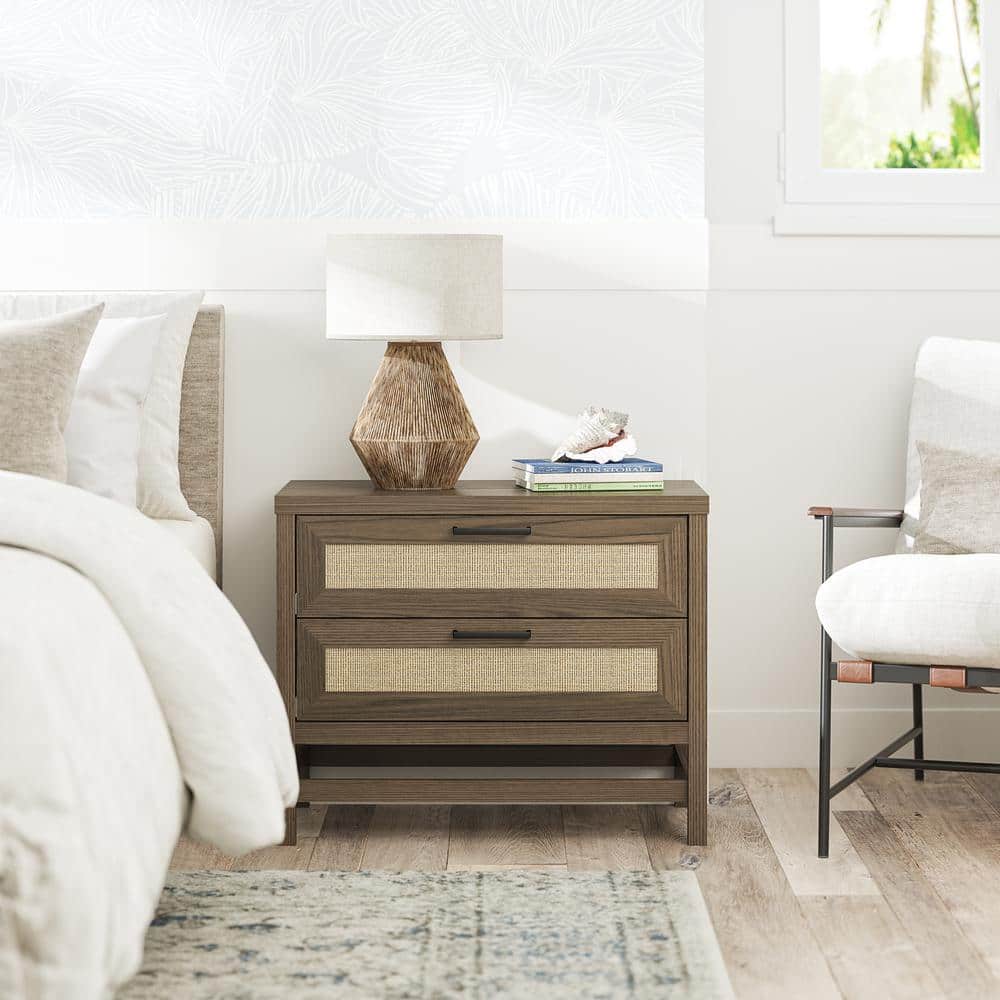 Lystra 2-Drawer Nightstand, Medium Brown and Faux Rattan