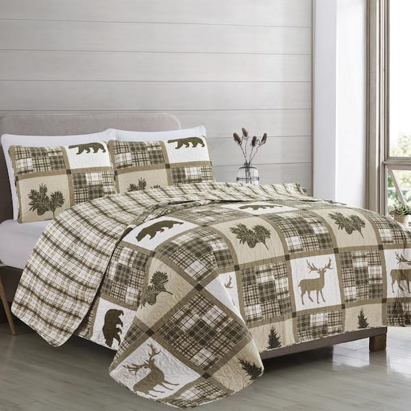 FRESHFOLDS Multi-Colored/Taupe Lodge Patchwork King Microfiber 3-Piece Quilt Set Bedspread