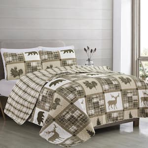 Multi-Colored/Taupe Lodge Patchwork King Microfiber 3-Piece Quilt Set Bedspread