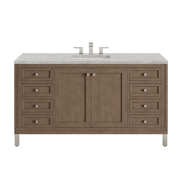 James Martin Vanities Chicago 60.0 in. W x 23.5 in. D x 33.8 in. H Single Bathroom Vanity Whitewashed Walnut and Victorian Silver Quartz Top