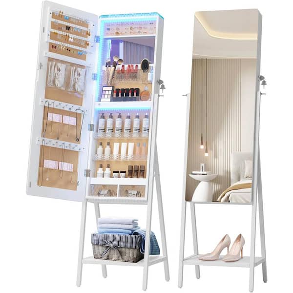 Afoxsos LED Standing Jewelry Mirror Cabinet Armoire Organizer with 2 Drawers and Bottom Shelf in White