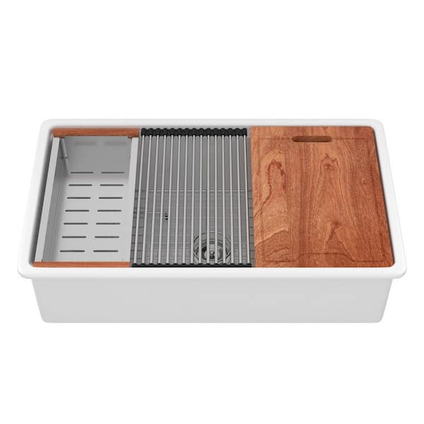 33 in. Undermount Single Bowl White Ceramic Kitchen Sink with Bottom Grids