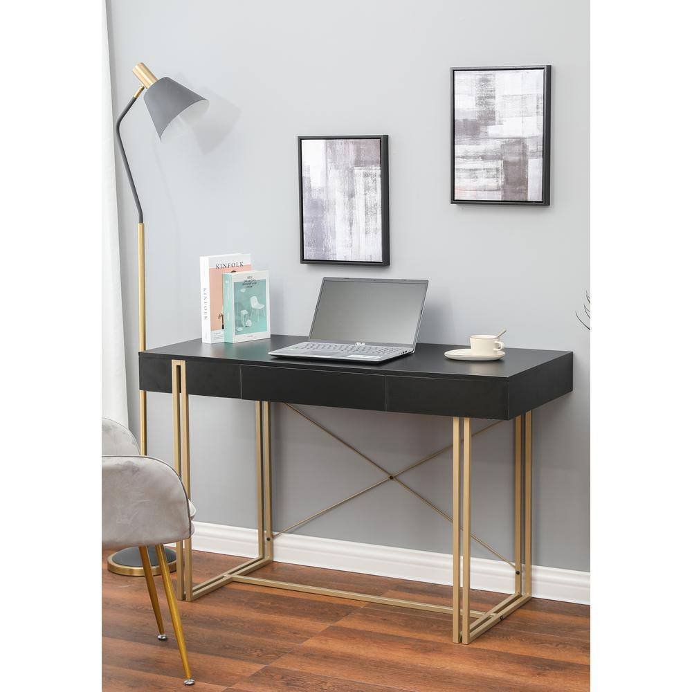 Modern Black Wood Desk with Gold Legs and Drawer