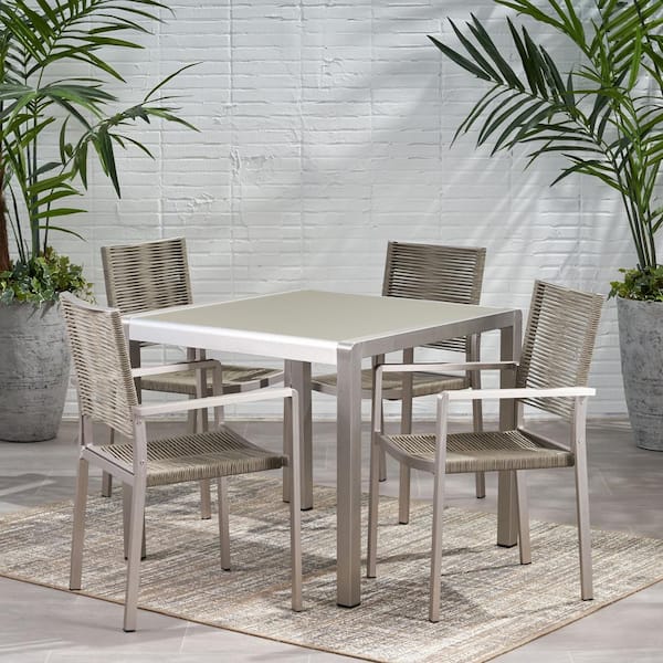 Noble House Peridot 30 in. Silver 5-Piece Metal Square Outdoor Dining Set