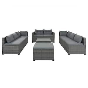 Gray 9-Piece Wicker Outdoor Sectional Sofa Set with Gray Cushions and Table