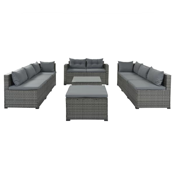 Cesicia Gray 9-Piece Wicker Outdoor Sectional Sofa Set with Gray Cushions and Table
