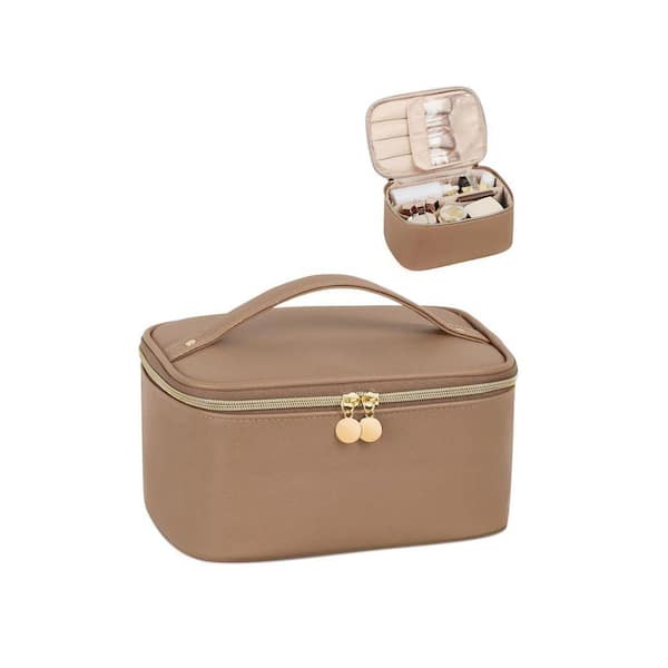 Brown Vegan Leather Travel Toiletry Bag with Brush Holder, Waterproof Cosmetic Organizer for Women, w/Handle and Divider