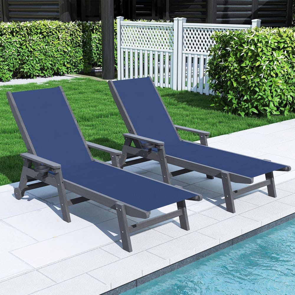 2-Pack Navy Blue Outdoor HDPE Chaise Lounge with Wheels, Lounge Chair Adjustable 5-Position Recliner for Poolside Yard price history on PriceWatchPro