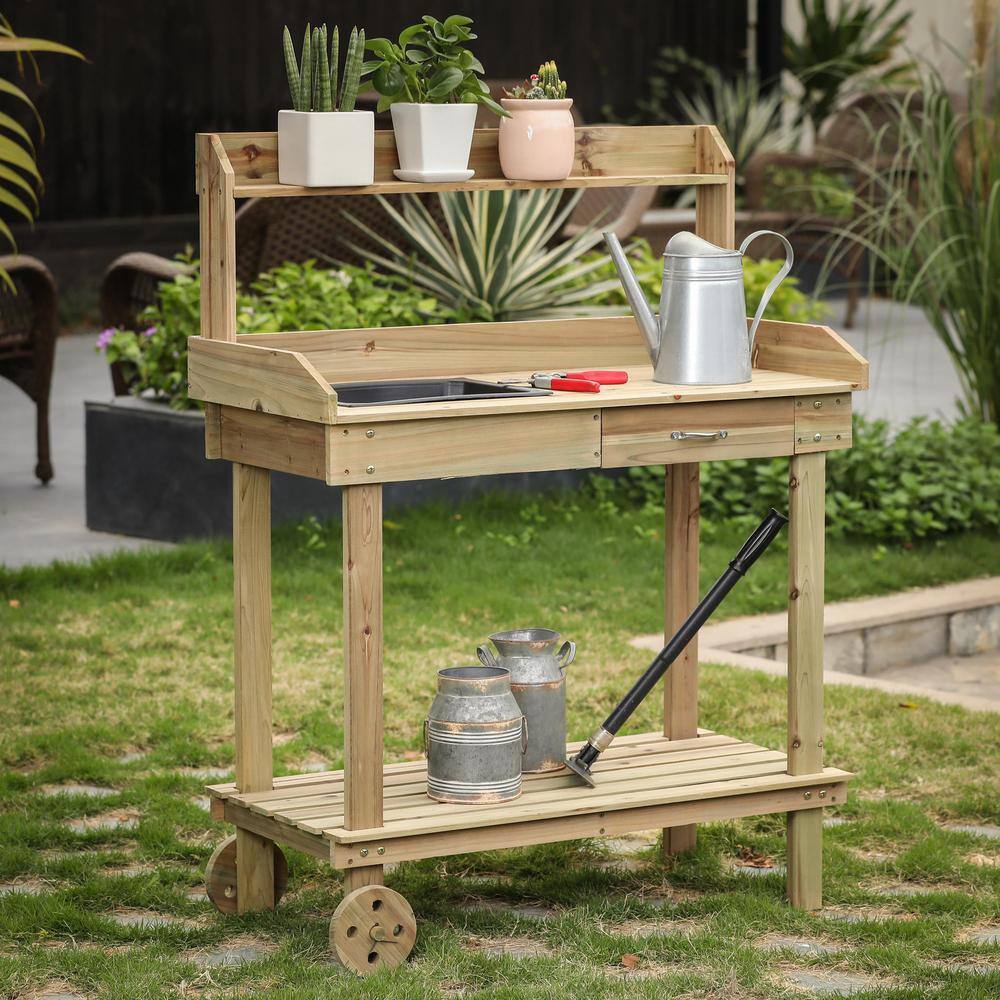 Natural Fir Wood Mobile Potting Bench with Drawer and Shelves