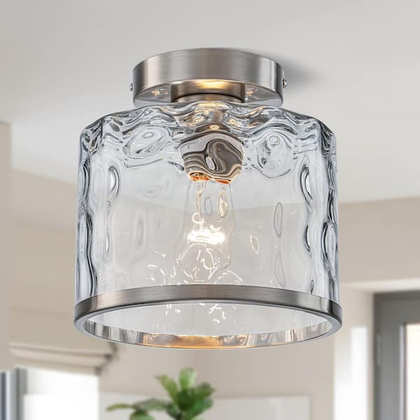 GoYeel 8.07 in. Brushed Nickel Industrial Semi-Flush Mount Ceiling Light with Cylinder Hammer Glass Shade