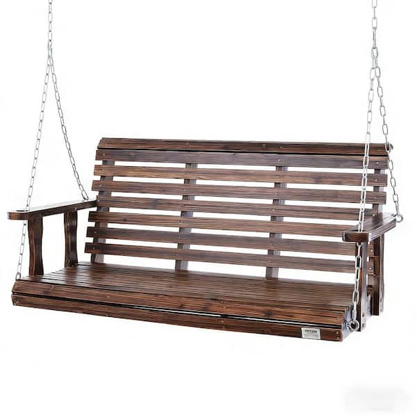 Brown Wood Outdoor Porch Swing with Hanging Chains, 2-3 Person Patio Bench Swing for Garden, Deck