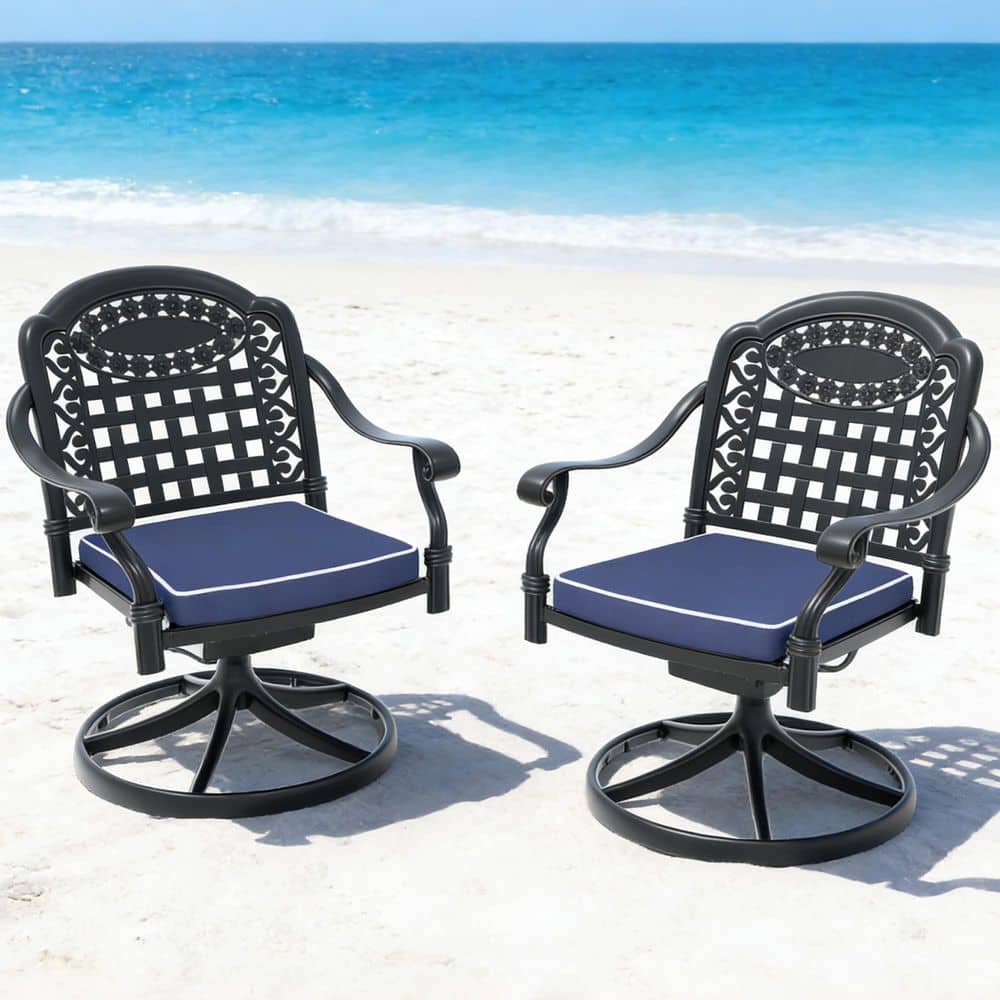 Black Cast Aluminum Patio Swivel Dining Chair With Blue Cushions (2-Pack) price history on PriceWatchPro