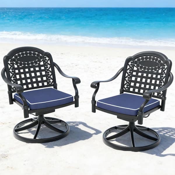 Black Cast Aluminum Patio Swivel Dining Chair With Blue Cushions (2-Pack)