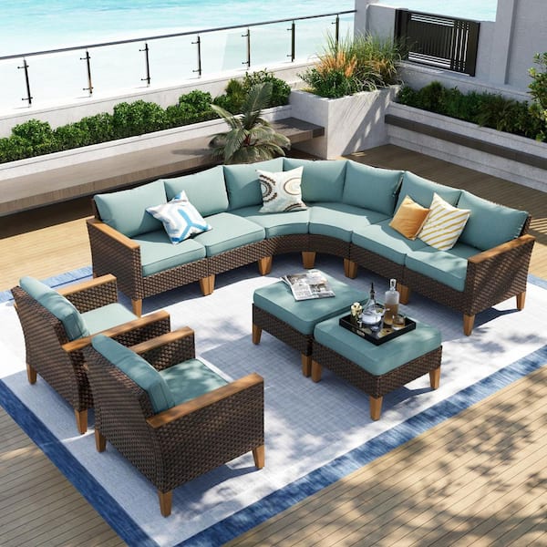 Brown Rattan Wicker 10 Seat 10-Piece Steel Patio Outdoor Sectional Set with Blue Cushions