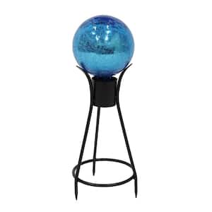 6 in. Dia Round Teal Crackle Glass Decorative Gazing Globe with Black Wrought Iron Stand