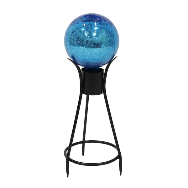 ACHLA DESIGNS 6 in. Dia Round Teal Crackle Glass Decorative Gazing Globe with Black Wrought Iron Stand