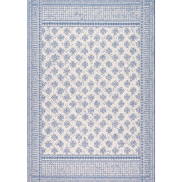 nuLOOM Rana Farmhouse Country Trellis with Border Blue 5 ft. x 8 ft. Indoor/Outdoor Patio Area Rug