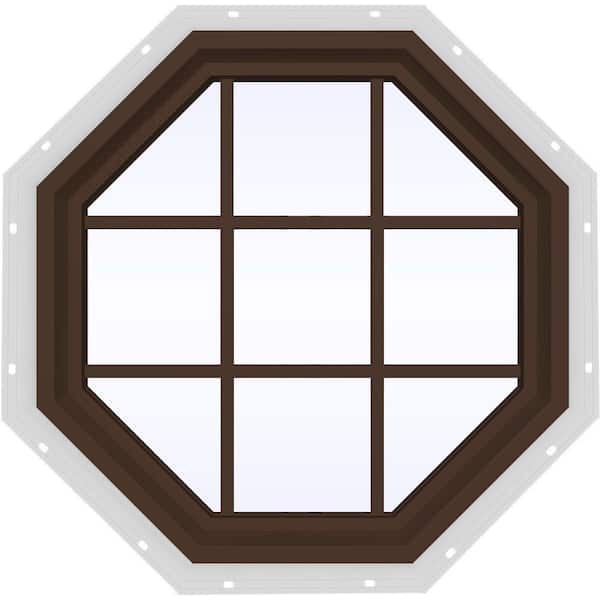 JELD-WEN 35.5 in. x 35.5 in. V-4500 Series Brown Painted Vinyl Fixed Octagon Geometric Window with Colonial Grids/Grilles