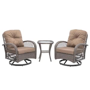 3-Piece Outdoor Wicker Patio Conversation Sets with 360° Swivel, Khaki Cushions, Glass Top Table