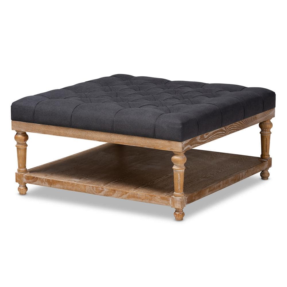 Kelly Charcoal Linen and Greywashed Wood 38" Tufted Cocktail Ottoman