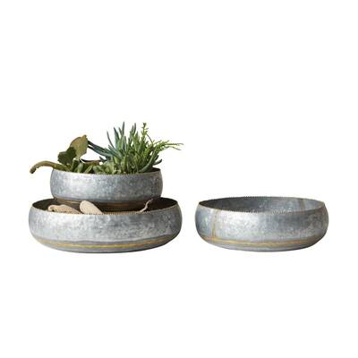 Round Silver Galvanized Planter Bowls (Set of 3)