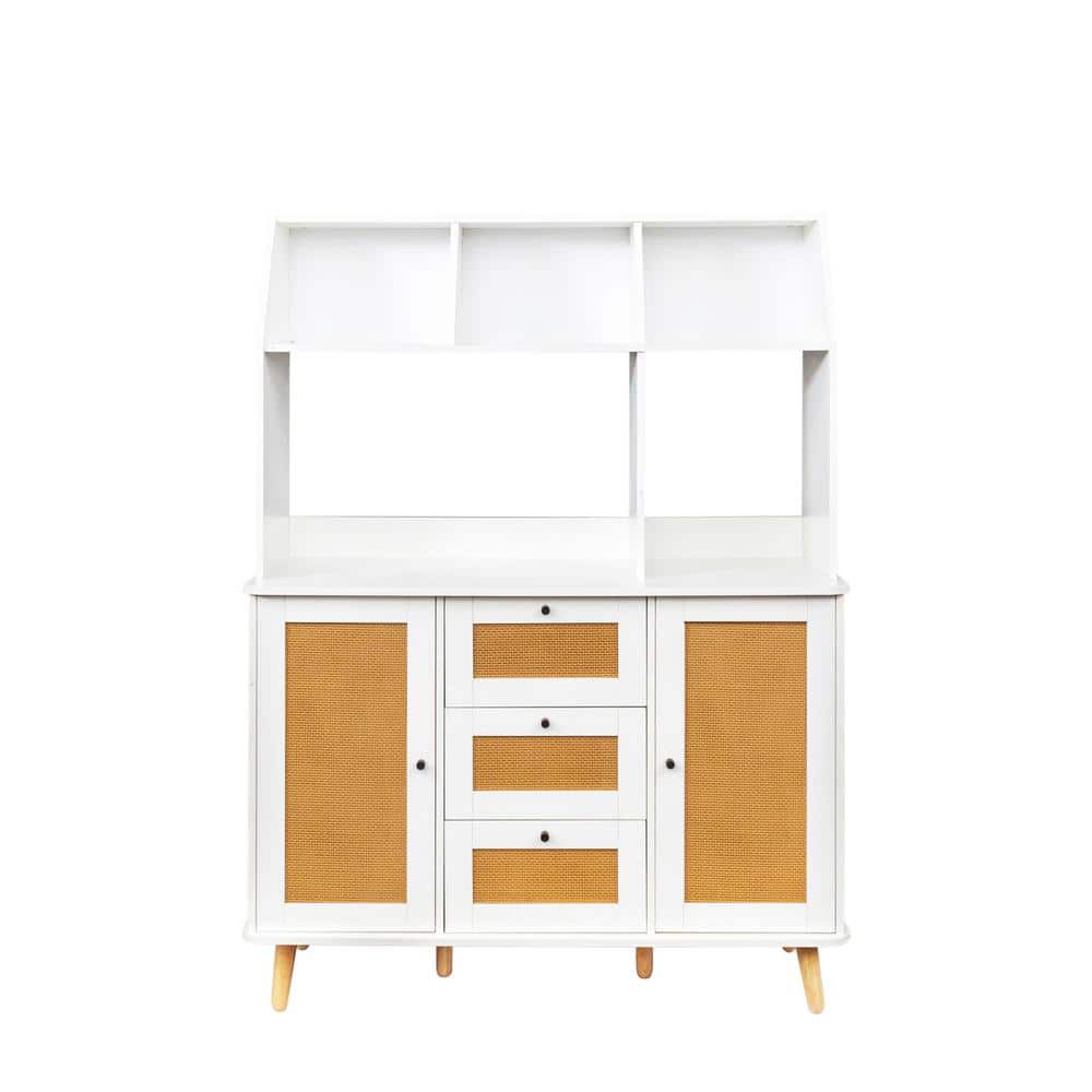 63 in. H White Wood Pantry Storage Cabinet with 2 Rattan Door and 3 Drawers