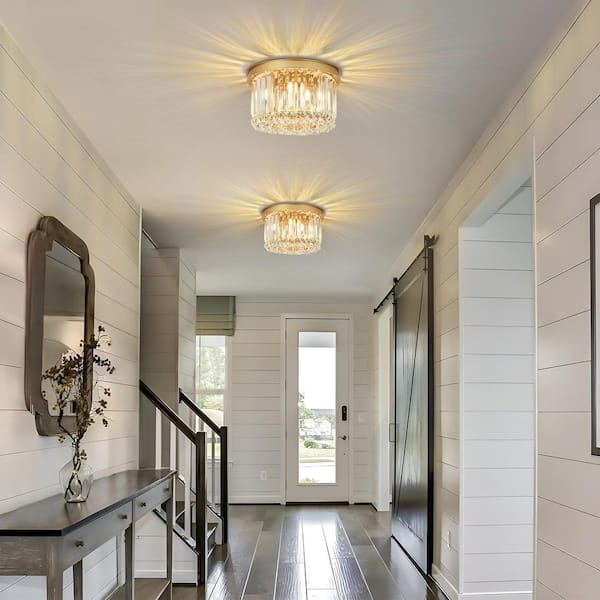 Essel 11.81 in. 4-Light Gold Modern Crystal Semi-Flush Mount Ceiling Light with Drum Shade And No Bulbs Included